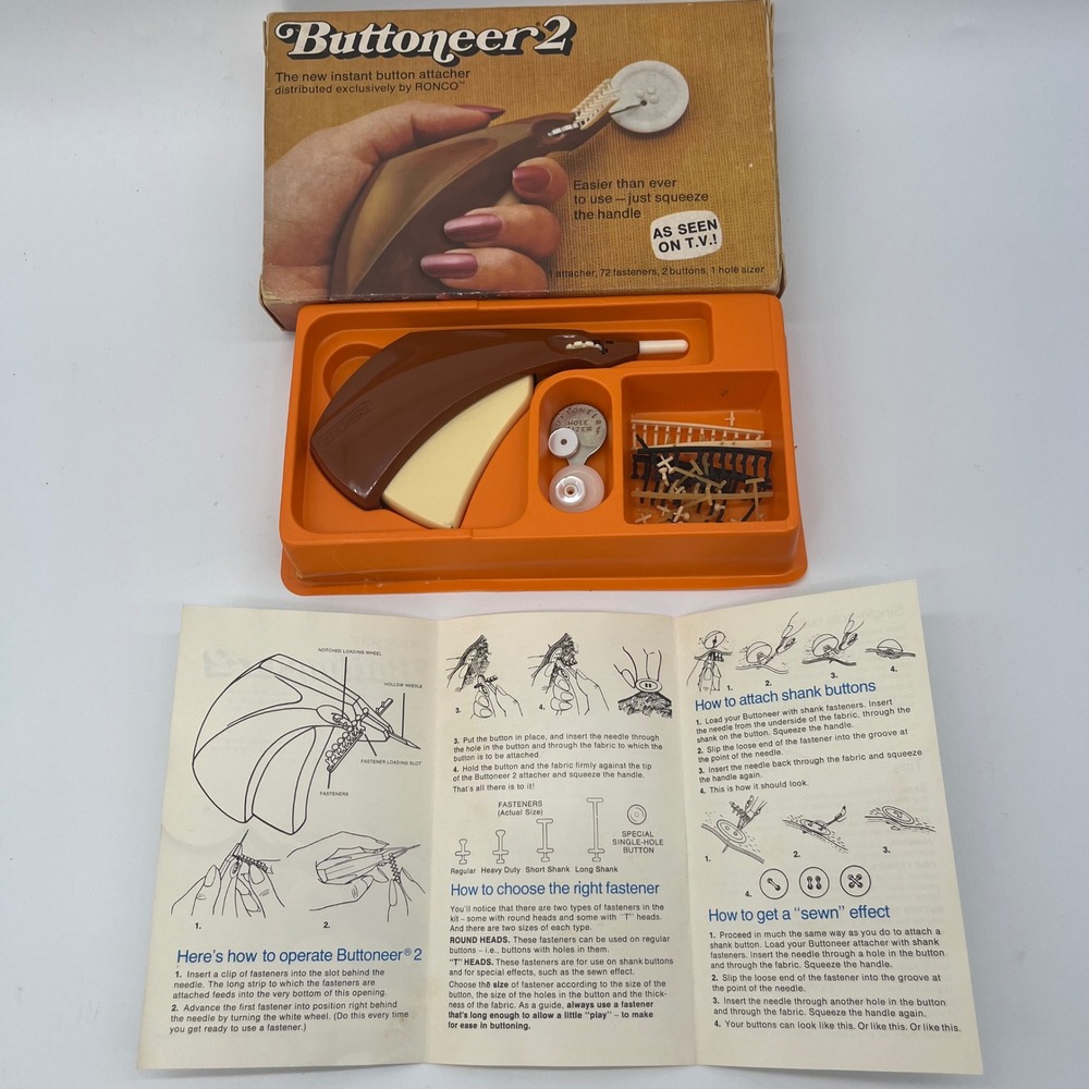 Buttoneer‎ 2 Instant Button Attacher Kit RONCO Vintage Sewing Tool Fasteners